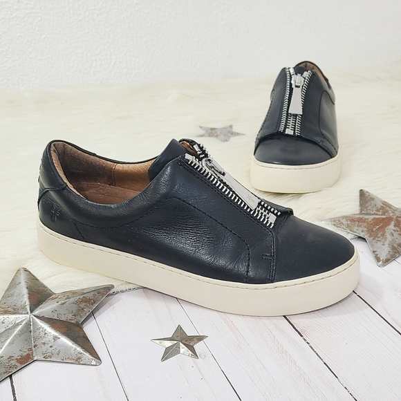 Frye Lena Zip Low sneakers black leather silver zipper size